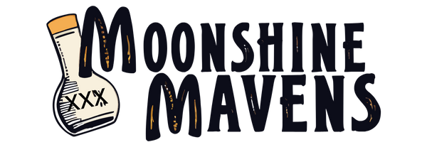 Logo of Moonshine Mavens with a moonshine bottle graphic on a green background